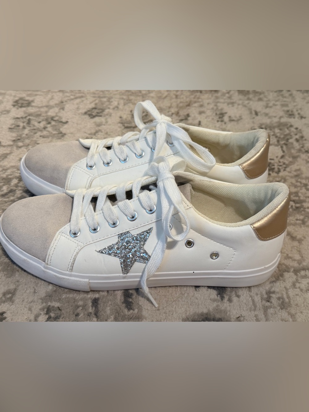 White Sneakers with Silver Glitter Star and Gold Heel Accent
